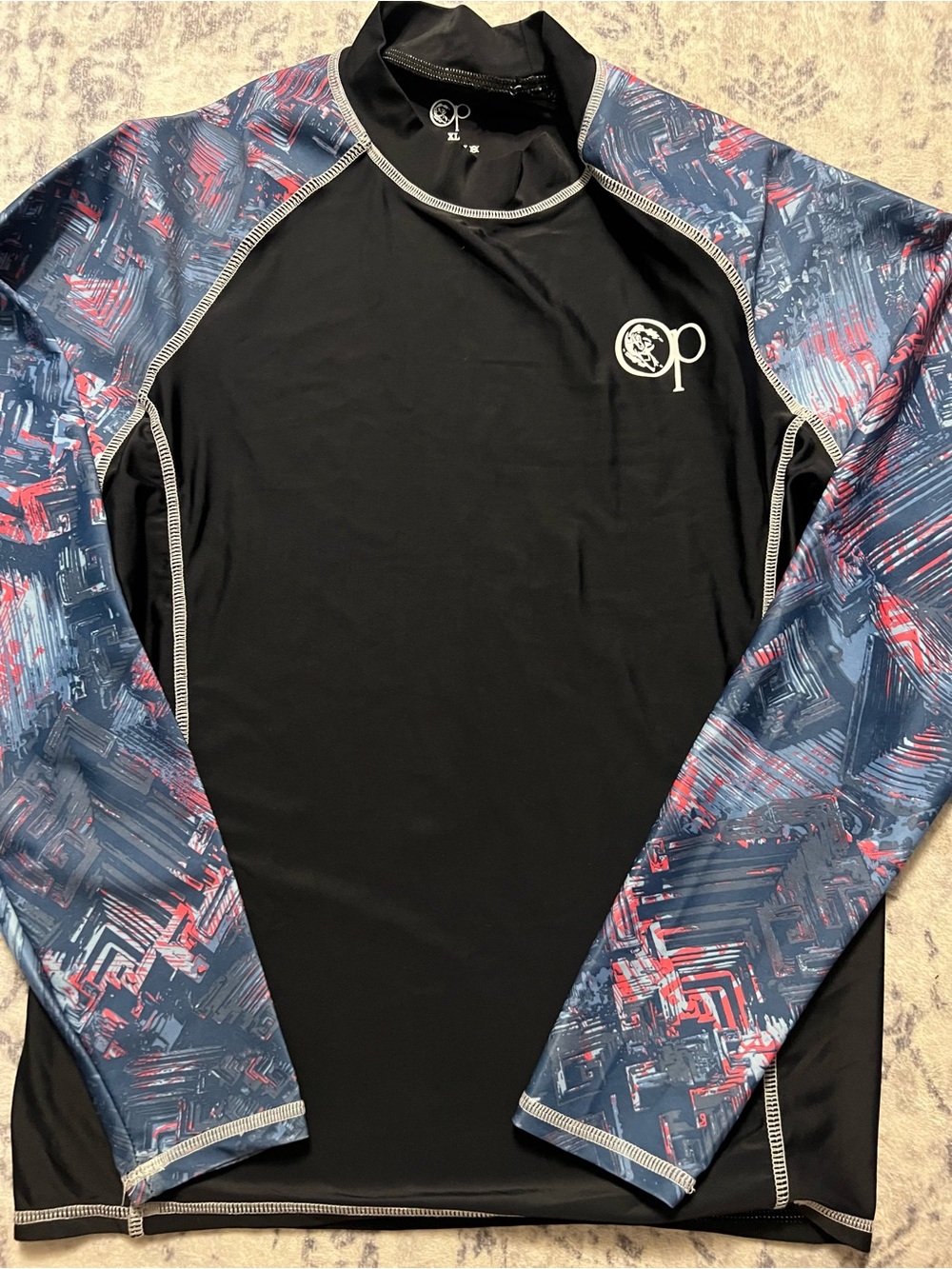 OP Men's Long-Sleeve Rash Guard - Black with Blue and Red Patterned Sleeves
